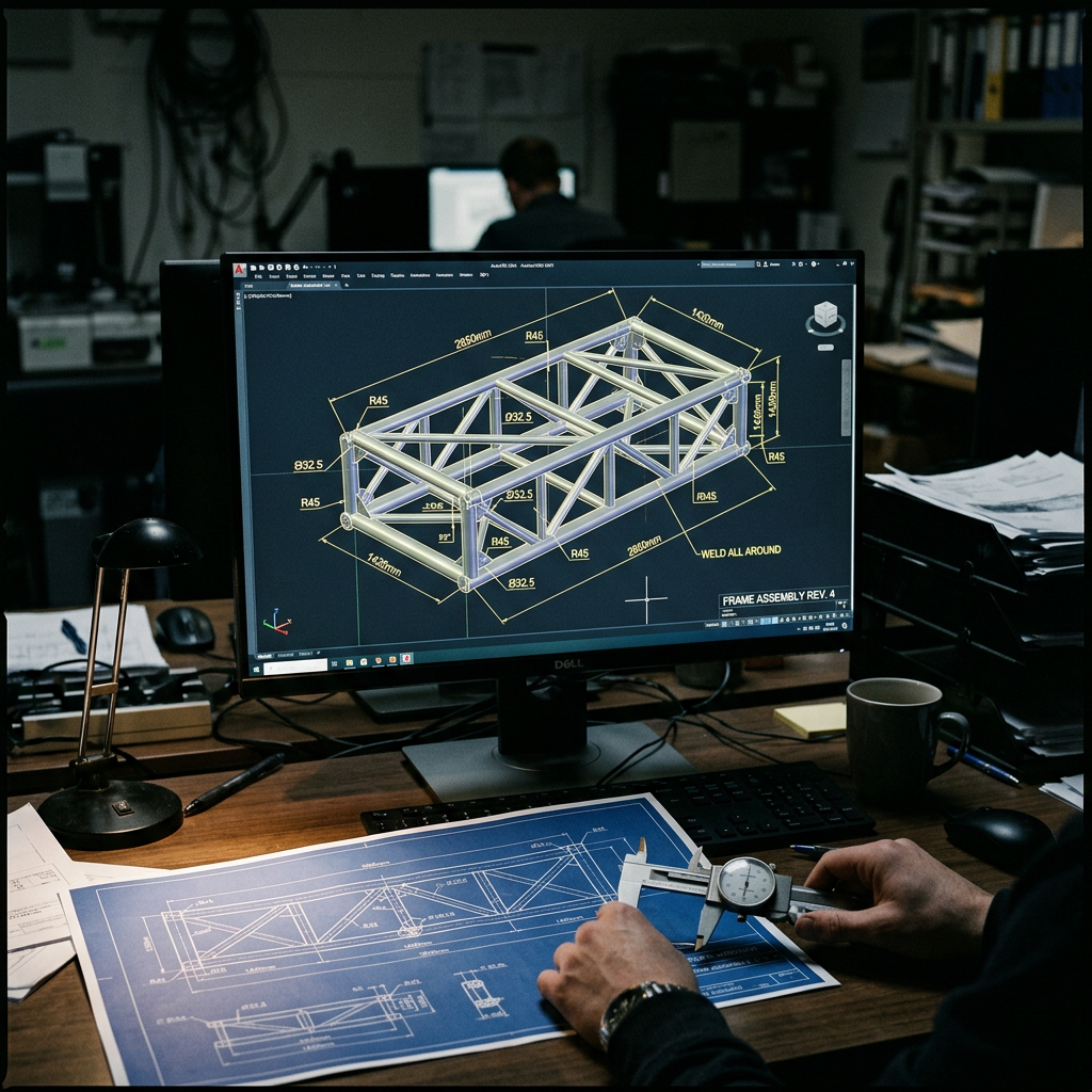 Monitor con modello CAD 3D di una struttura in acciaio e disegno tecnico