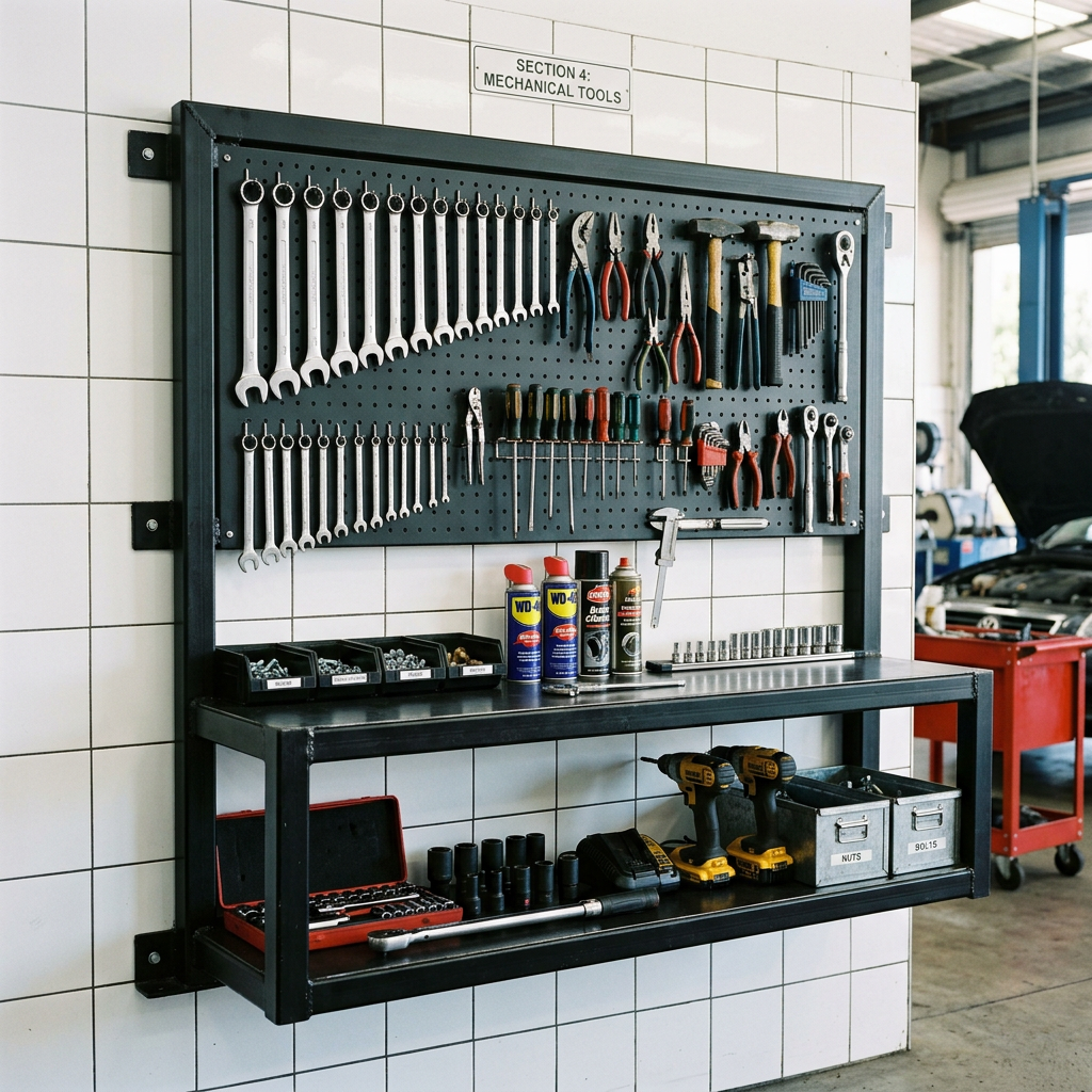 Rastrelliera porta attrezzi in ferro nero per officina meccanica