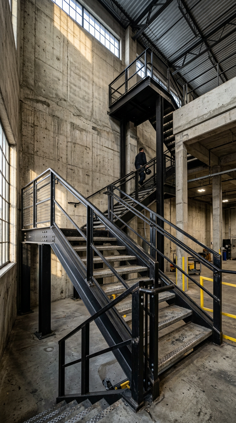 Scala industriale in acciaio con gradini in lamiera dentro un capannone